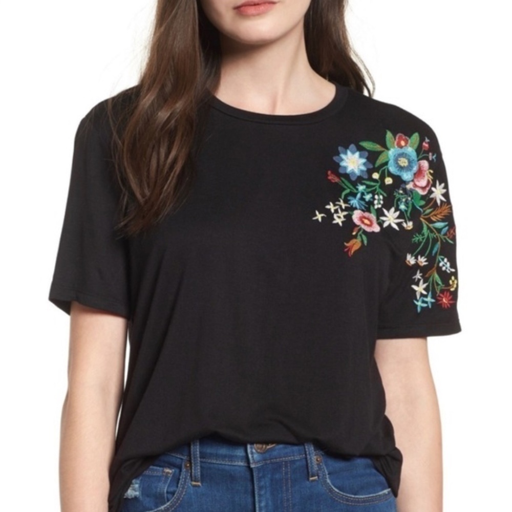 Cotton Emporium Black Short Sleeve Tee with Multicolor Floral Embroidery